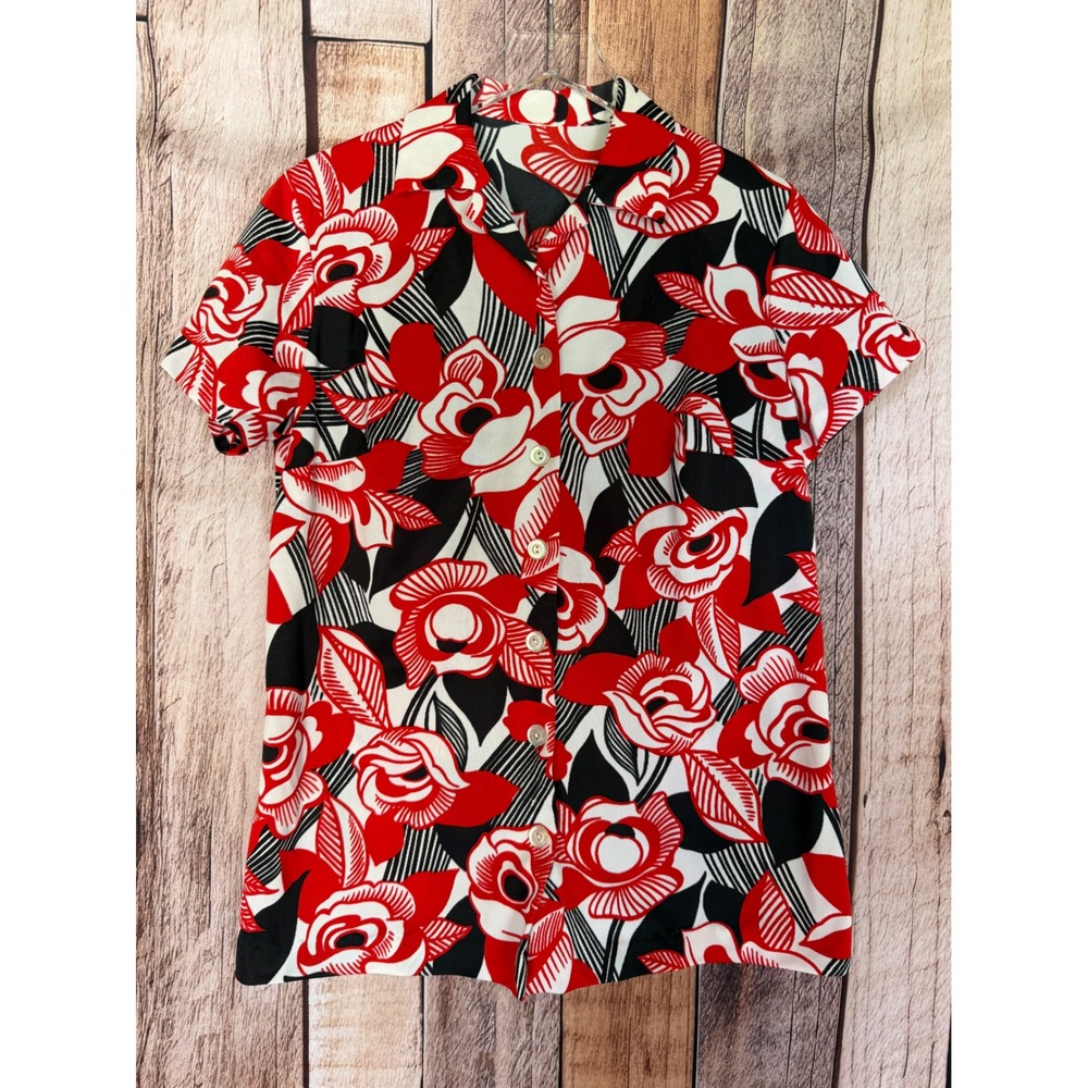 Vintage Blouse Short Sleeve Mod Floral‎ Button Front Retro Groovy Flower Power